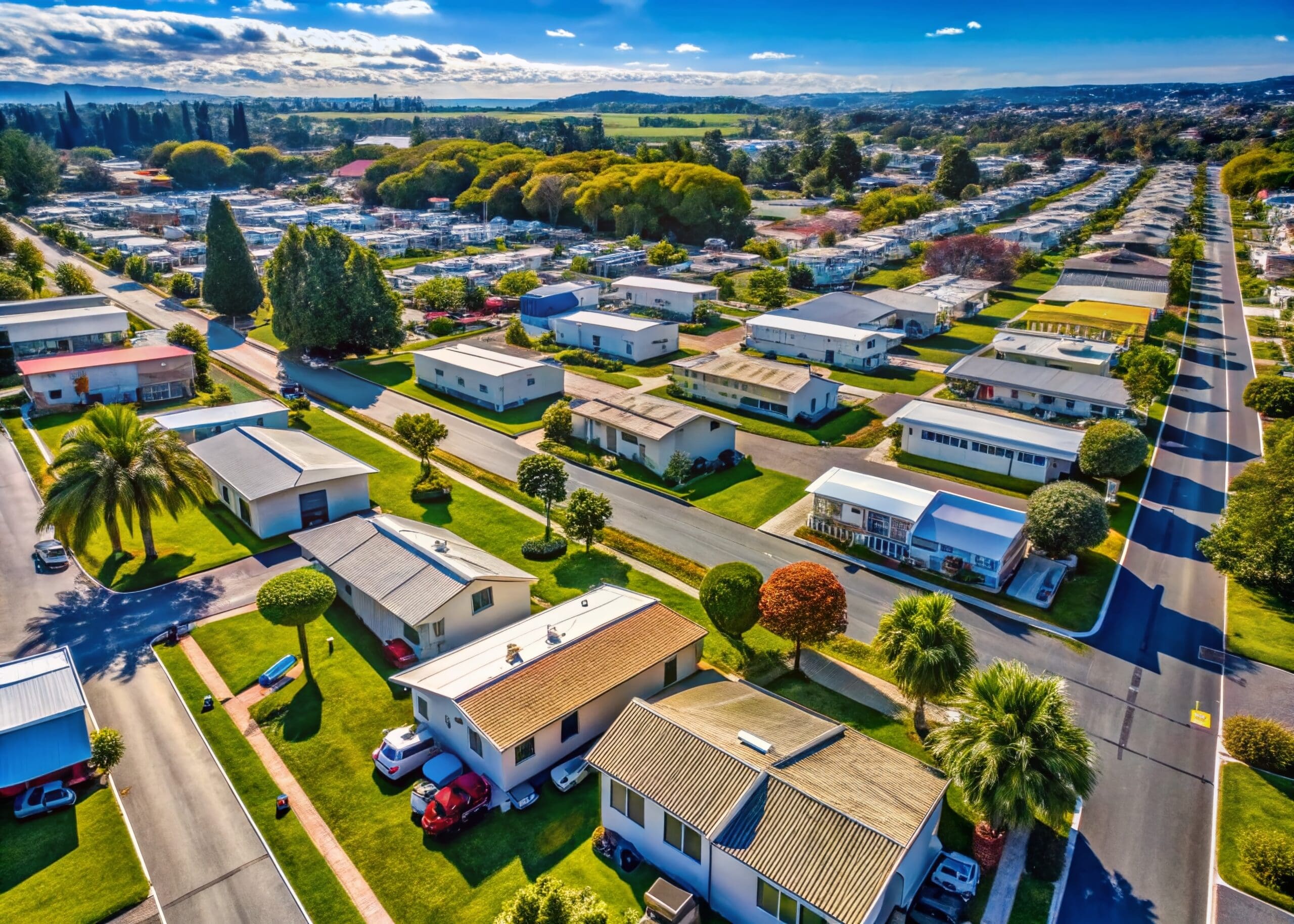 Aerial View of a Mobile Home Park Featuring Single Wide and Double Wide Houses with Lush Green Surroundings and Copy Space for Marketing Use Wakeboarding Boat Insurance in Portland - JMI Insurance Oregon